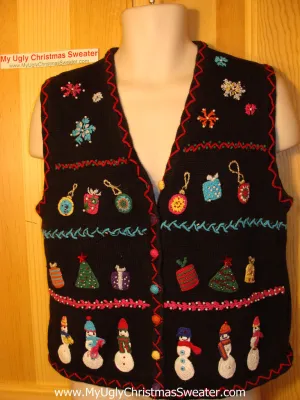 Tacky Ugly Christmas Sweater Vest with Snowmen, Gifts, and Festive Snowflakes (f112)