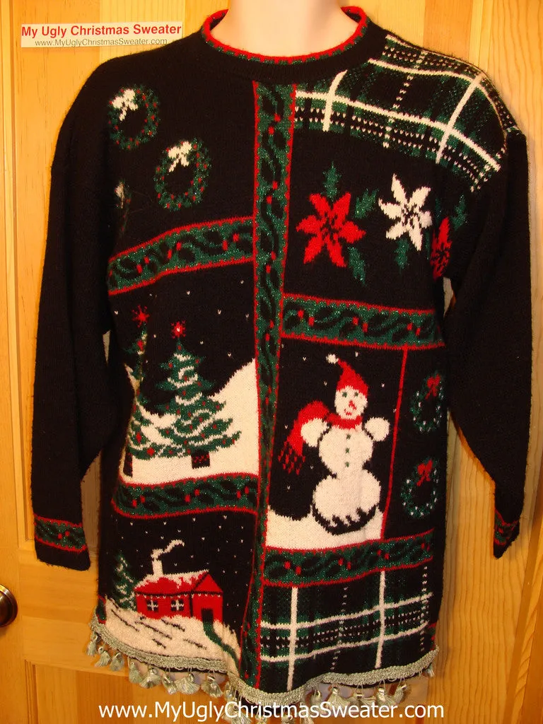 Tacky Ugly Christmas Sweater with Fringe 80s Classic Grid Pattern (f3)