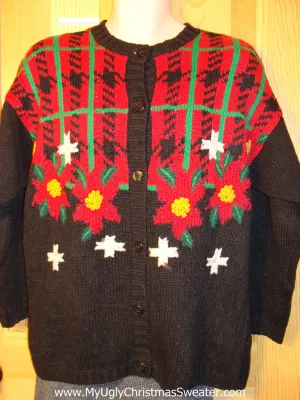 Tacky Vintage 80s Ugly Christmas Sweater with Plaid Theme and Poinsettias with Padded Shoulders  (f653)