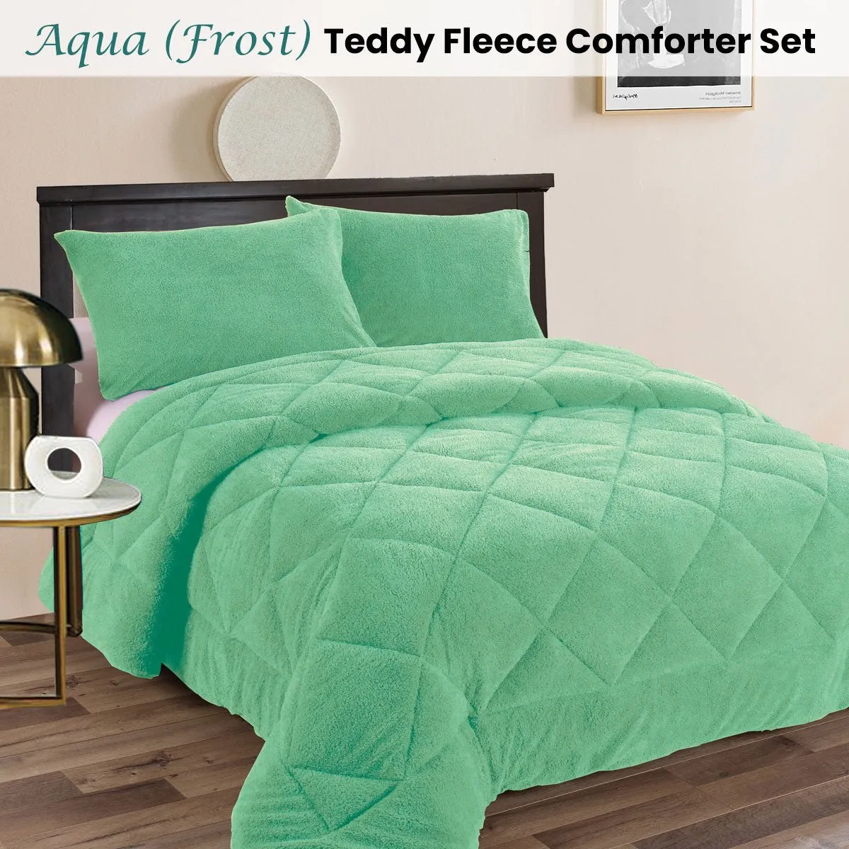 Teddy Fleece 3 Pcs Comforter Set Aqua (Frost) Queen