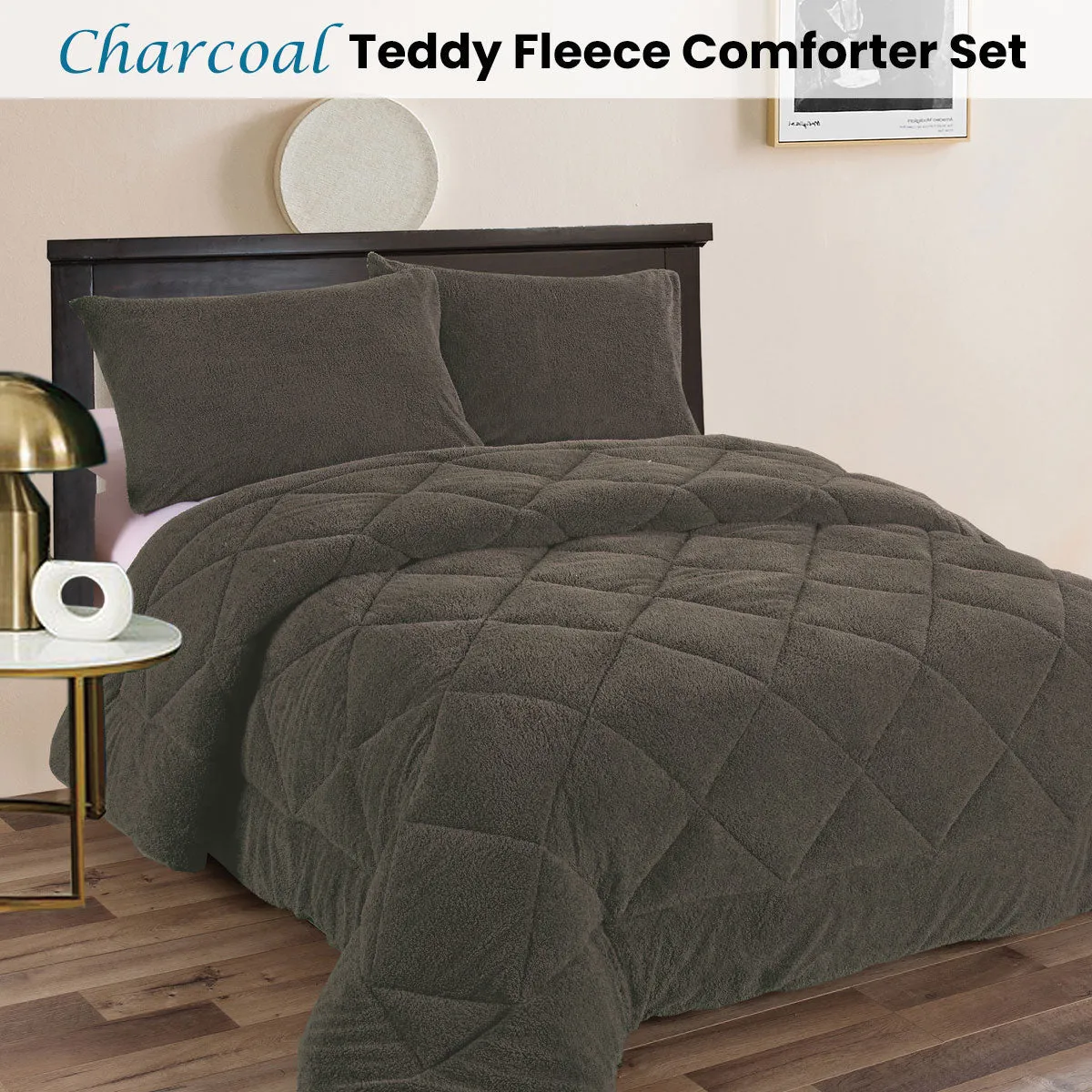 Teddy Fleece 3 Pcs Comforter Set Charcoal Queen