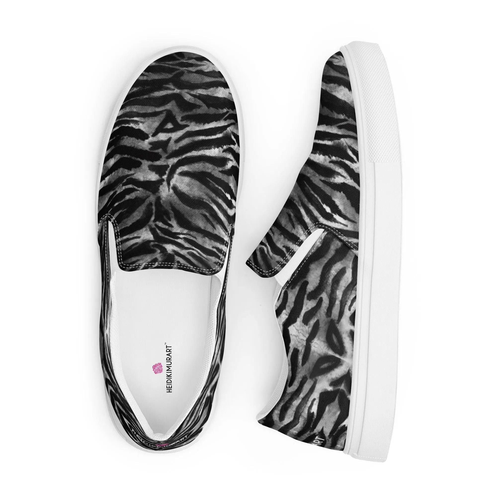 Tiger Striped Women's Slip-Ons, Grey Tiger Animal Print Women’s Slip-On Canvas Shoes (US Size: 5-12)