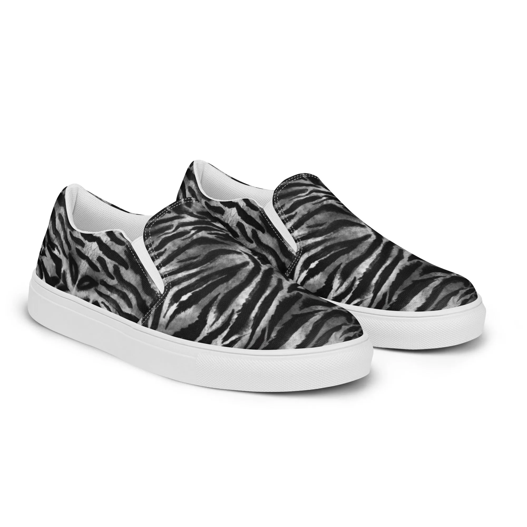 Tiger Striped Women's Slip-Ons, Grey Tiger Animal Print Women’s Slip-On Canvas Shoes (US Size: 5-12)