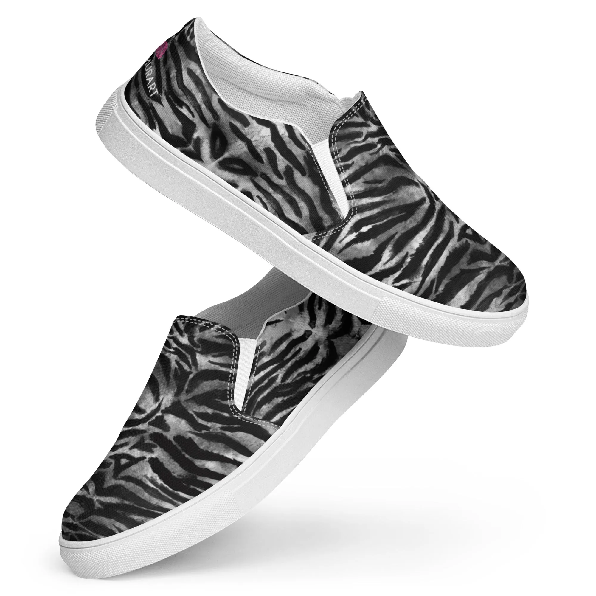 Tiger Striped Women's Slip-Ons, Grey Tiger Animal Print Women’s Slip-On Canvas Shoes (US Size: 5-12)