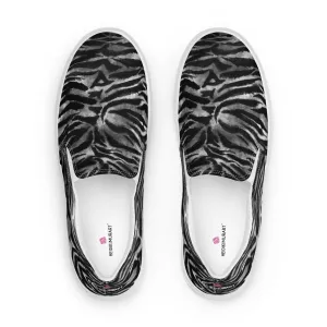 Tiger Striped Women's Slip-Ons, Grey Tiger Animal Print Women’s Slip-On Canvas Shoes (US Size: 5-12)