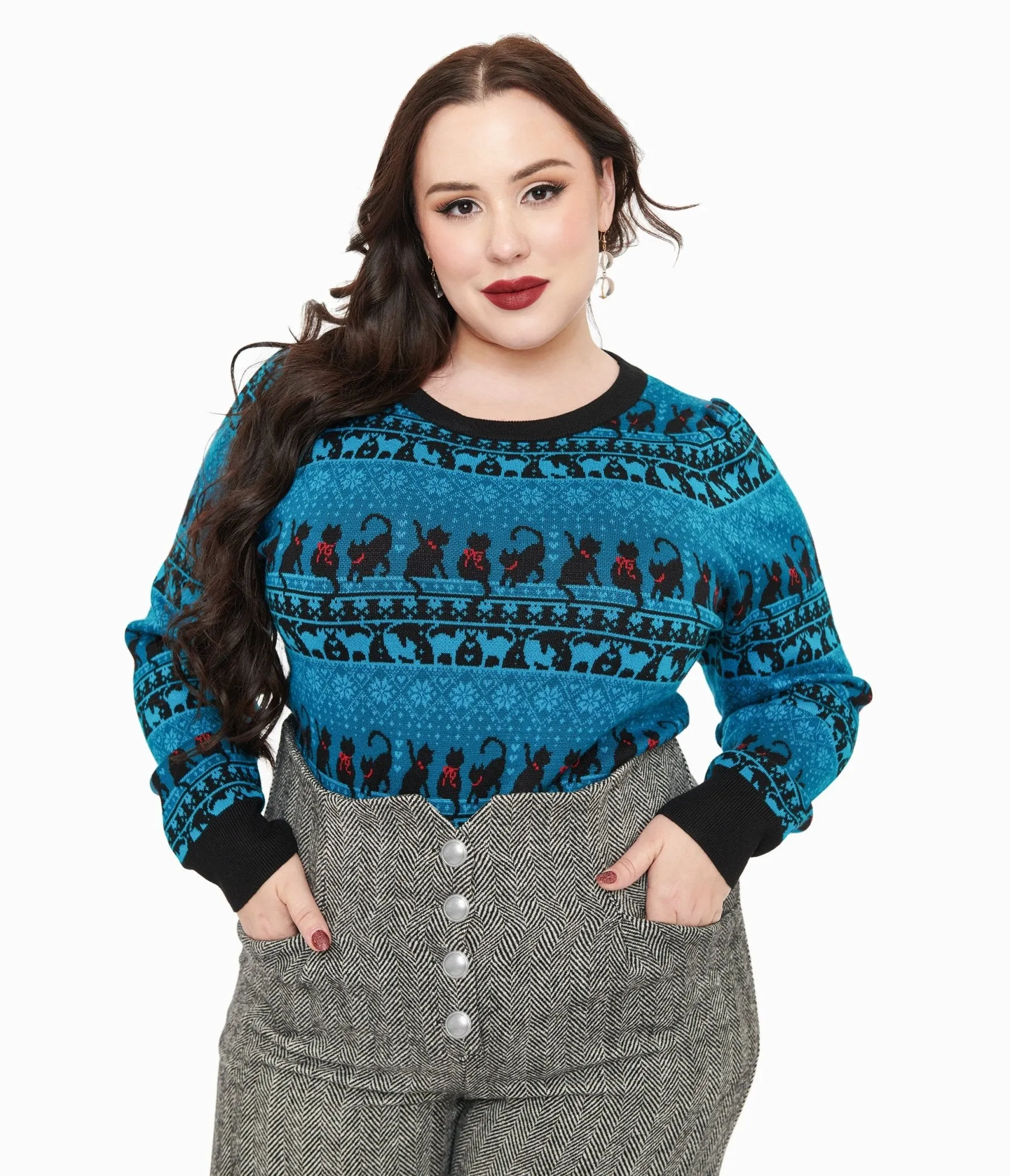 Unique Vintage Plus Size 1950s Teal Snowflakes & Cats Sweater