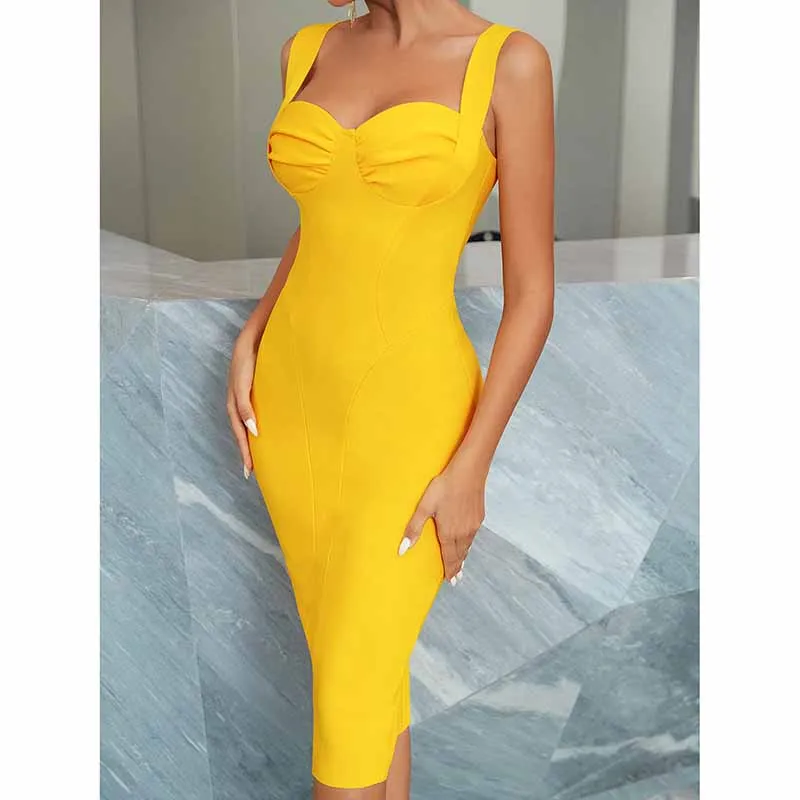 Women Spaghetti Strap U Neck Yellow Bodycon Midi Cocktail Bandage Dress