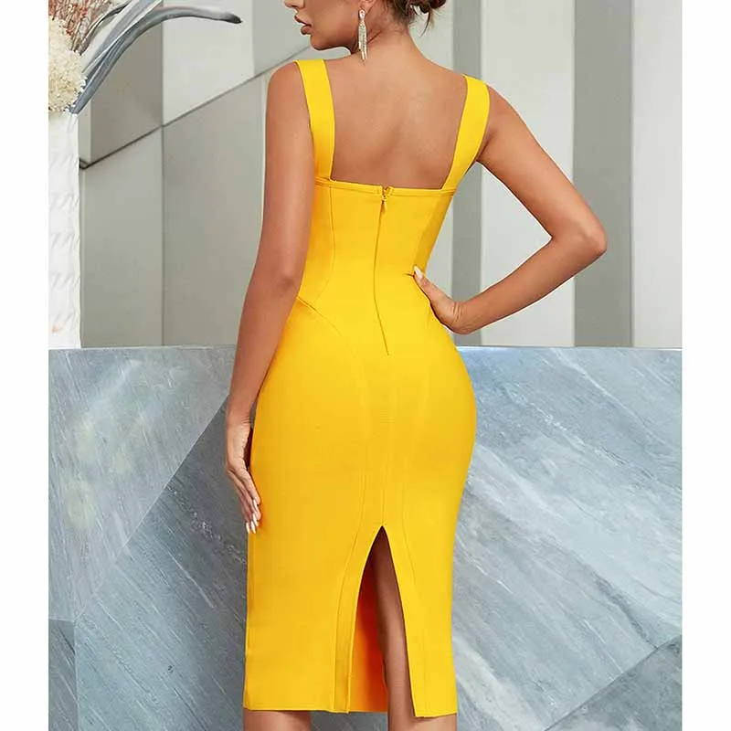 Women Spaghetti Strap U Neck Yellow Bodycon Midi Cocktail Bandage Dress