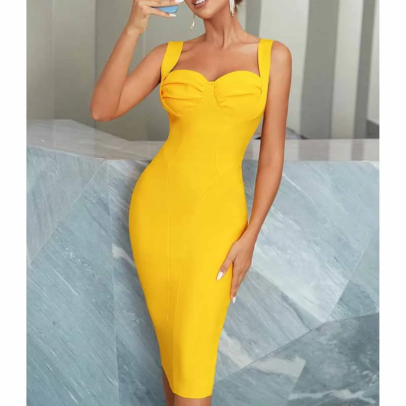 Women Spaghetti Strap U Neck Yellow Bodycon Midi Cocktail Bandage Dress