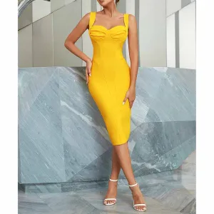 Women Spaghetti Strap U Neck Yellow Bodycon Midi Cocktail Bandage Dress