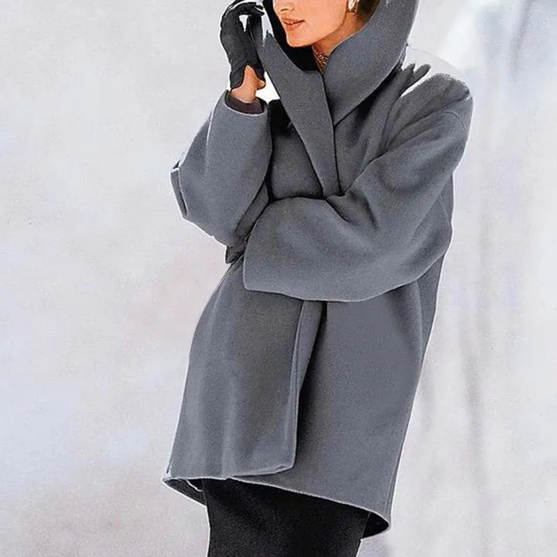 Women winter fall hooded shawl collar solid color cocoon coat