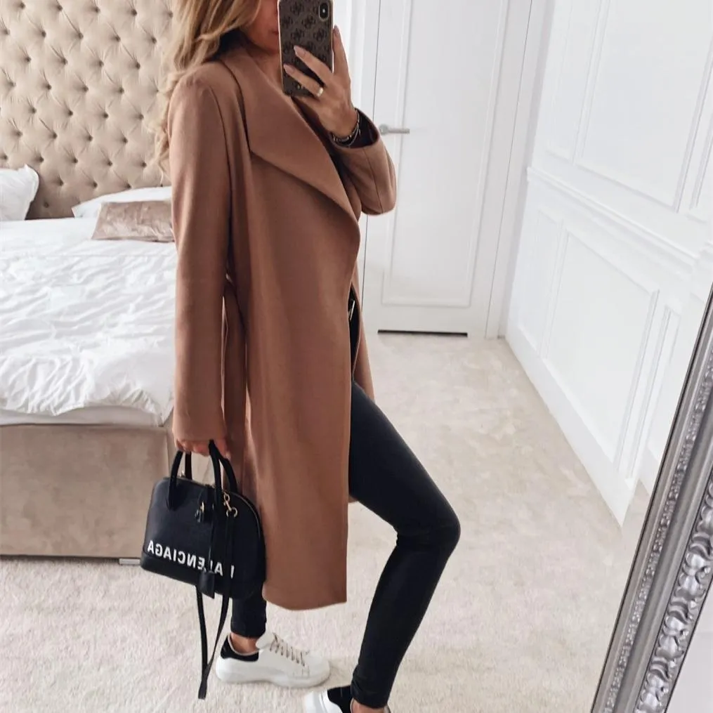 Women winter long shawl collar waist strap wrap coat