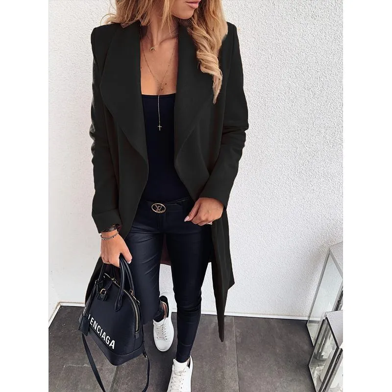 Women winter long shawl collar waist strap wrap coat