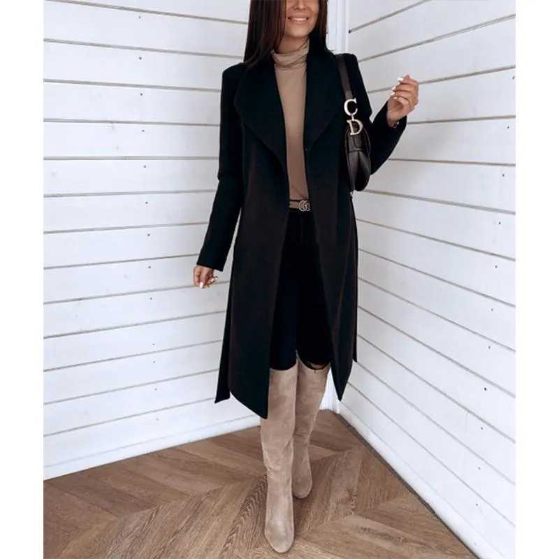 Women winter long shawl collar waist strap wrap coat