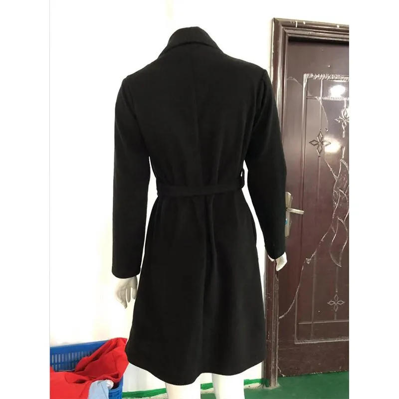 Women winter long shawl collar waist strap wrap coat