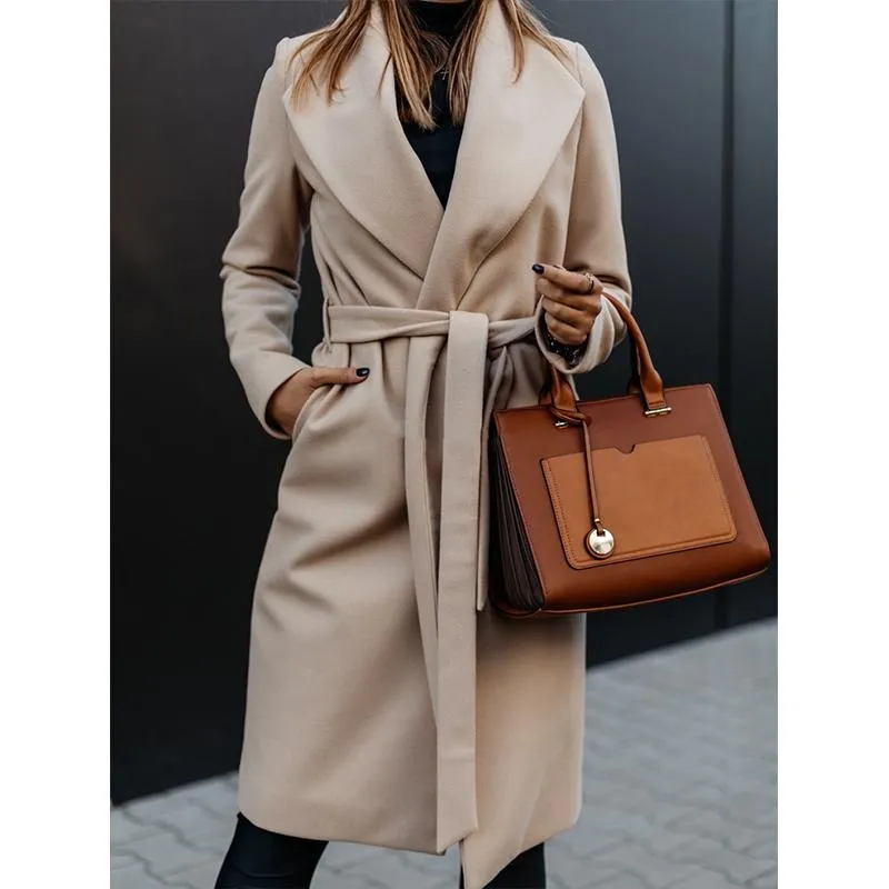 Women winter long shawl collar waist strap wrap coat