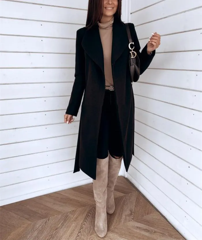 Women winter long shawl collar waist strap wrap coat