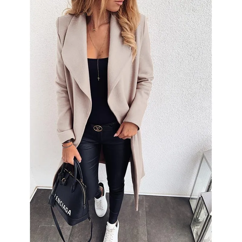 Women winter long shawl collar waist strap wrap coat