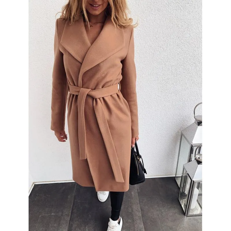 Women winter long shawl collar waist strap wrap coat