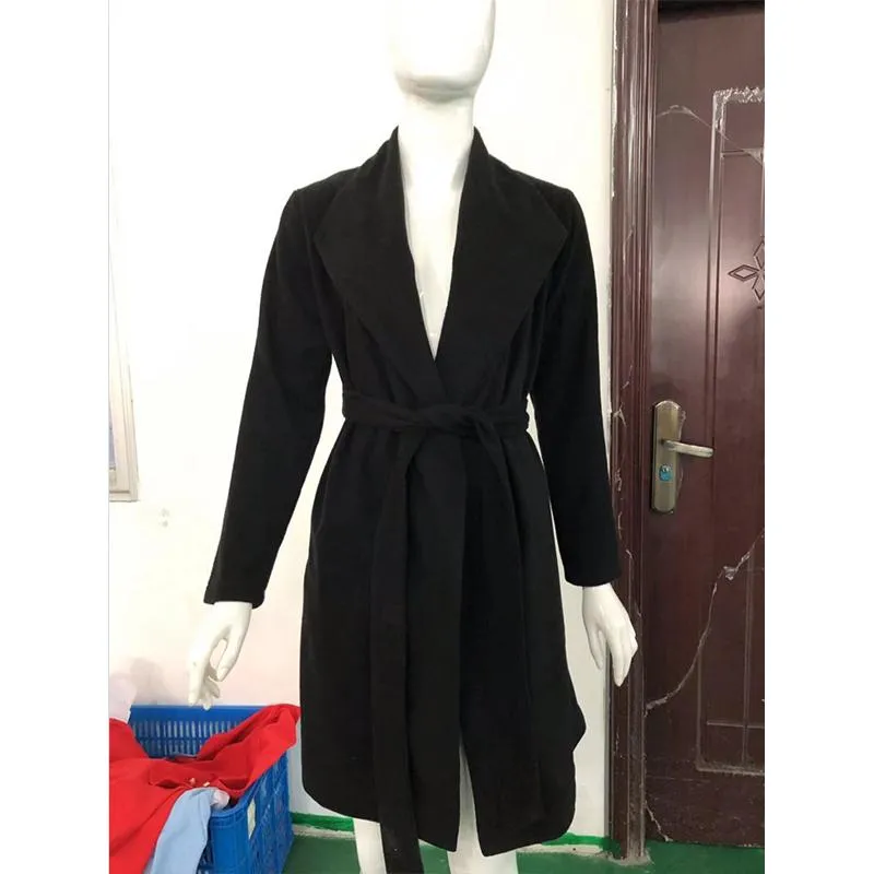 Women winter long shawl collar waist strap wrap coat