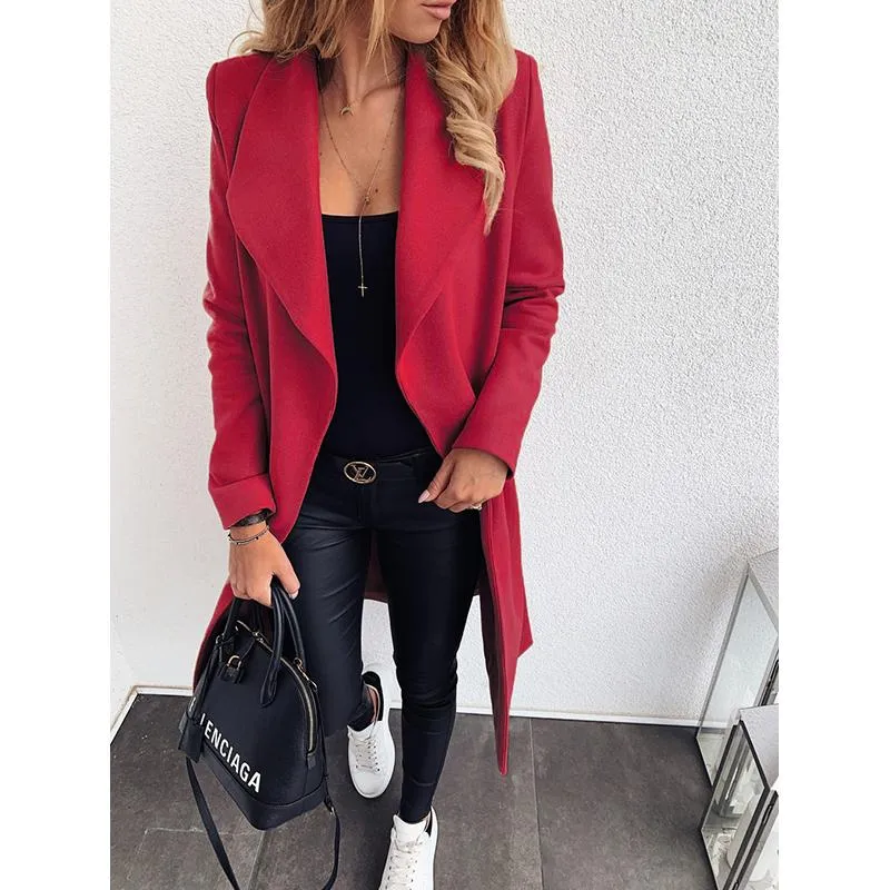 Women winter long shawl collar waist strap wrap coat