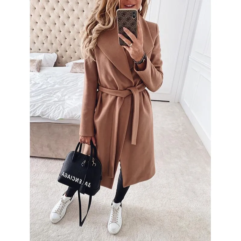 Women winter long shawl collar waist strap wrap coat