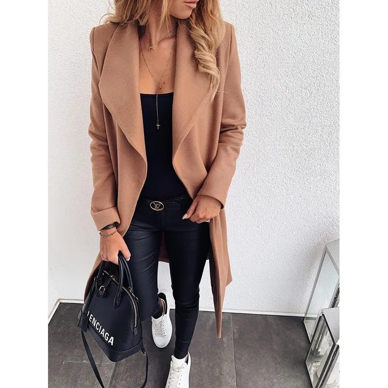 Women winter long shawl collar waist strap wrap coat