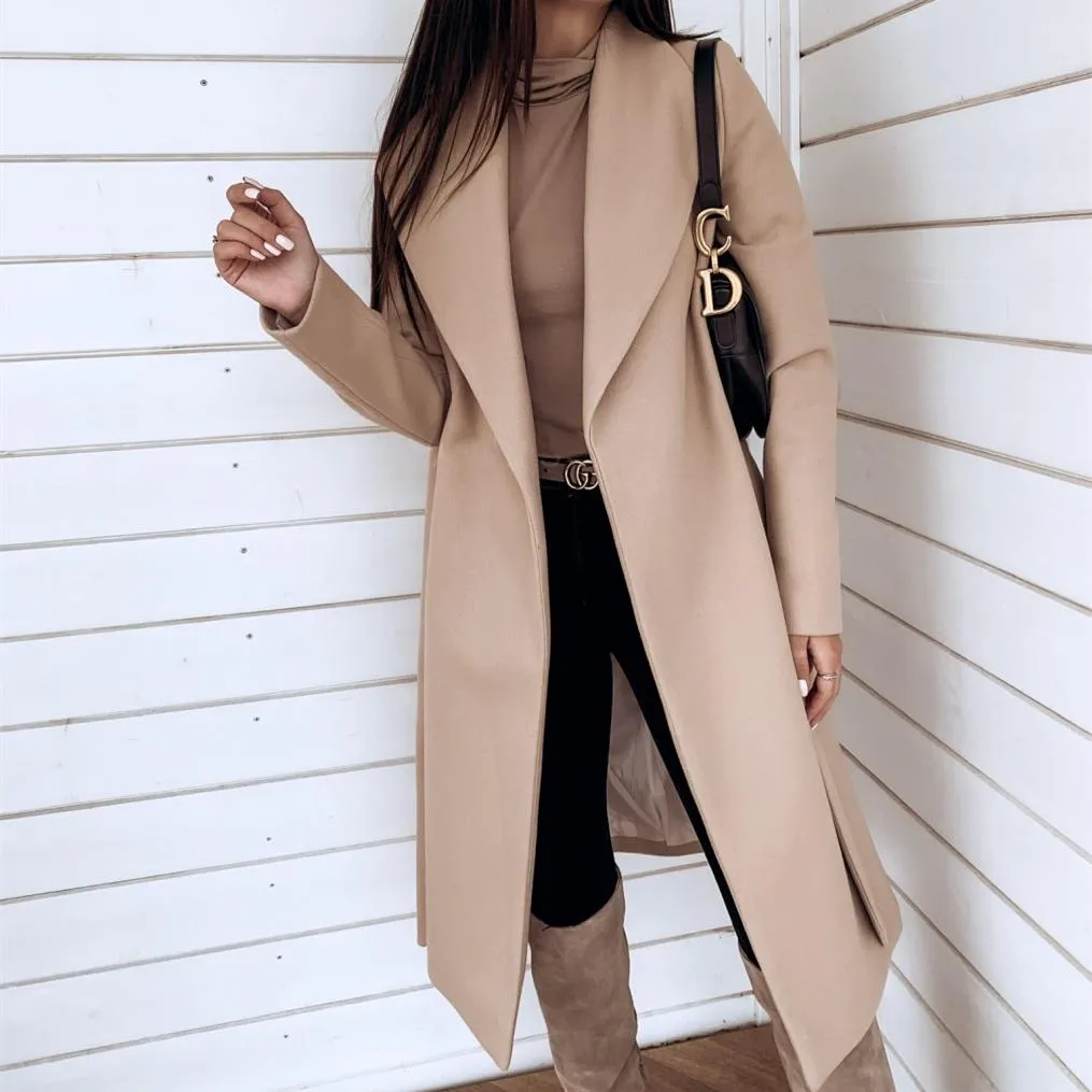 Women winter long shawl collar waist strap wrap coat