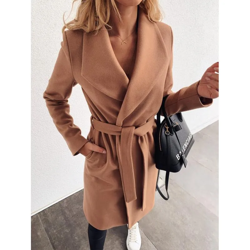 Women winter long shawl collar waist strap wrap coat