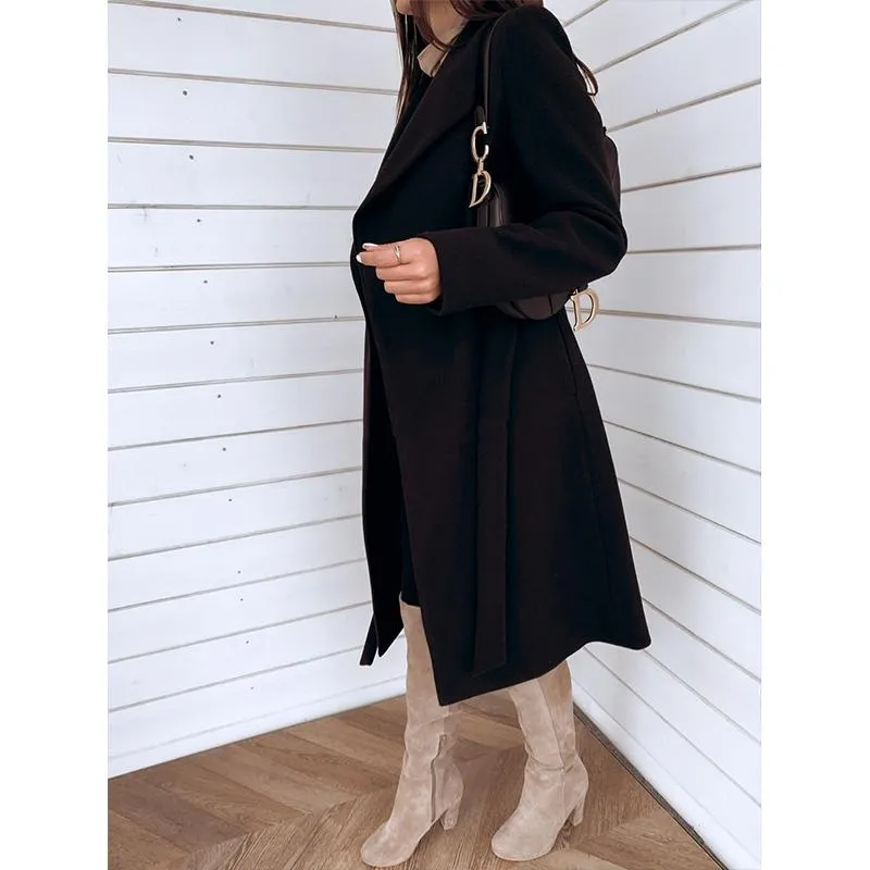 Women winter long shawl collar waist strap wrap coat