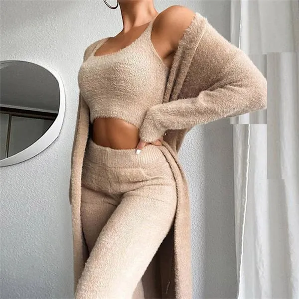 Women's Coral Fleece Pajama Set Autumn Winter Pajamas 3 Three-piece Pajama Vest   Trousers   Jacket Three-piece Suit