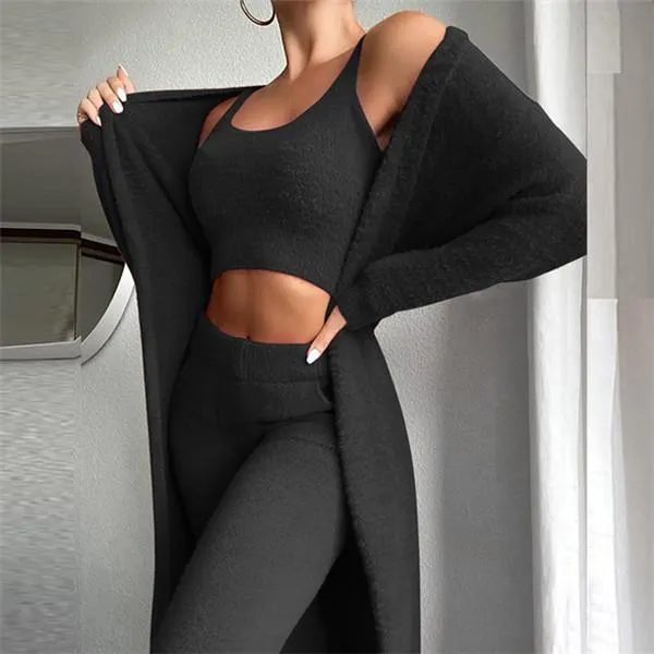 Women's Coral Fleece Pajama Set Autumn Winter Pajamas 3 Three-piece Pajama Vest   Trousers   Jacket Three-piece Suit