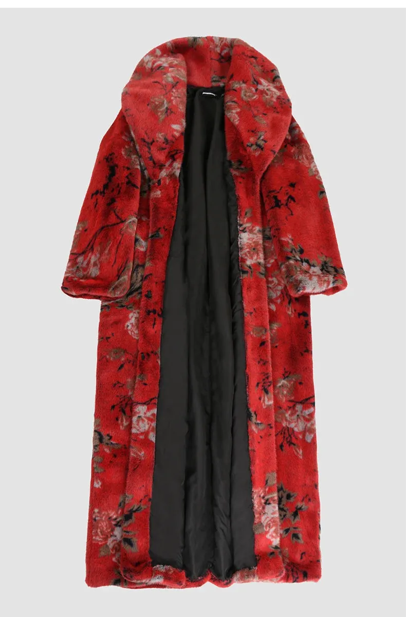 Women's Floral Print Long Faux Fur Plush Wrap Coat