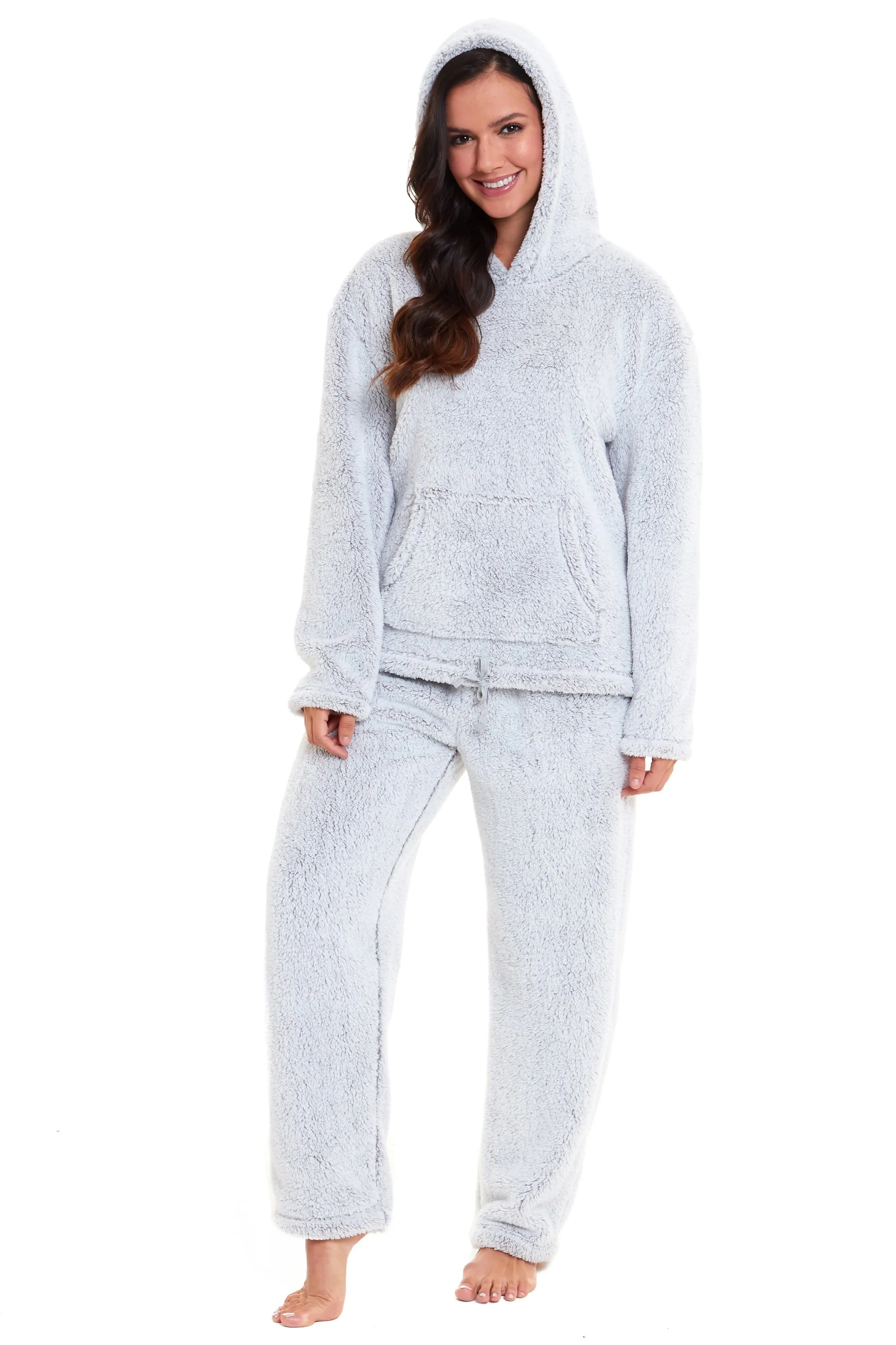 Women's Grey Plush Fleece Hooded Pyjama Set Soft Cosy Nightwear Teddy Fabric Loungewear Available in Sizes UK 8-22 by Daisy Dreamer