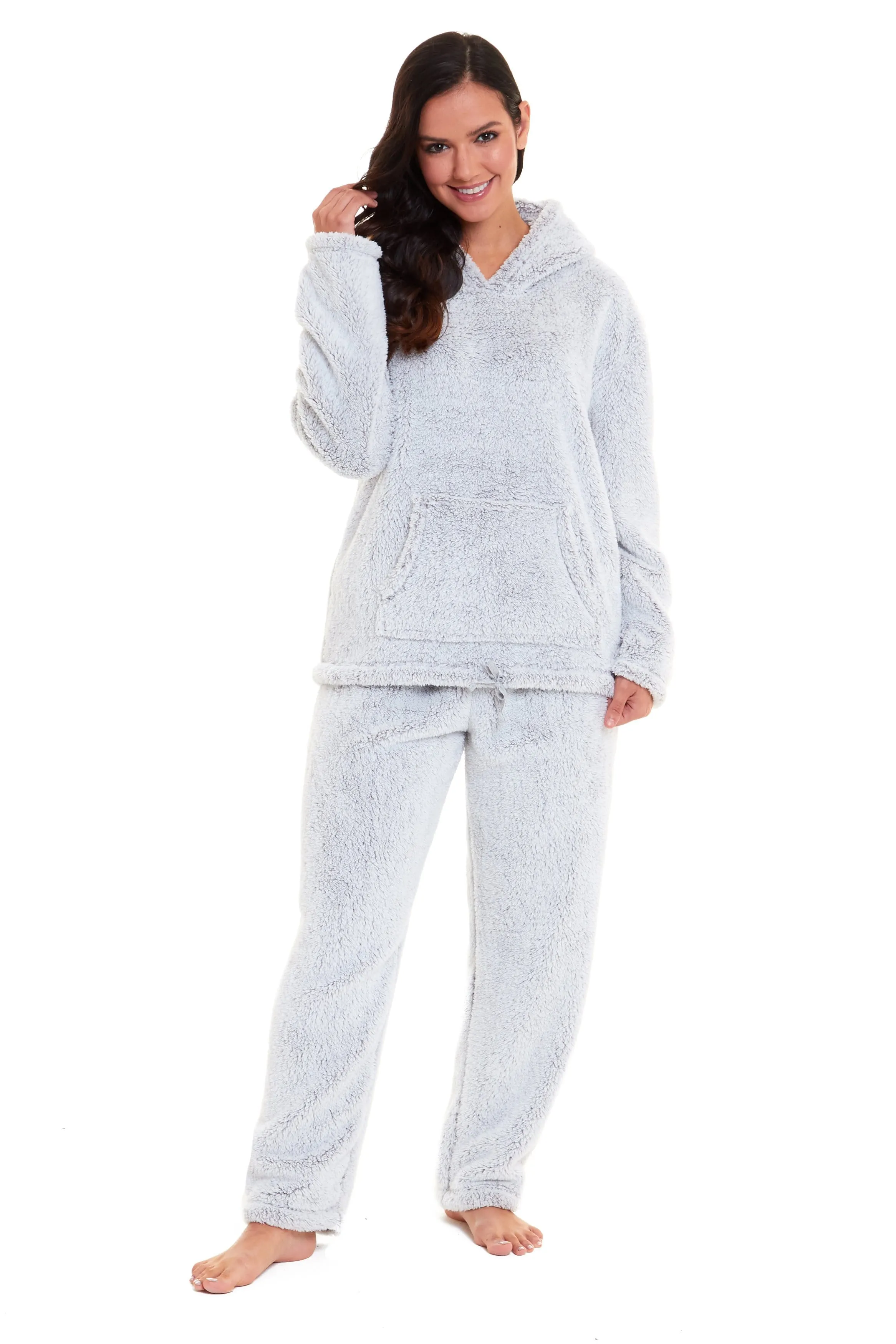 Women's Grey Plush Fleece Hooded Pyjama Set Soft Cosy Nightwear Teddy Fabric Loungewear Available in Sizes UK 8-22 by Daisy Dreamer