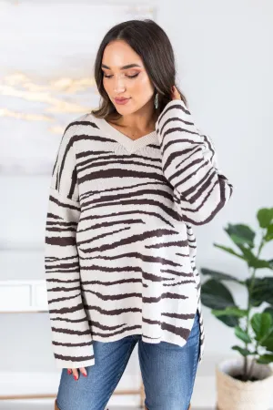 Wonderfully Wild Cream White Zebra Striped Sweater