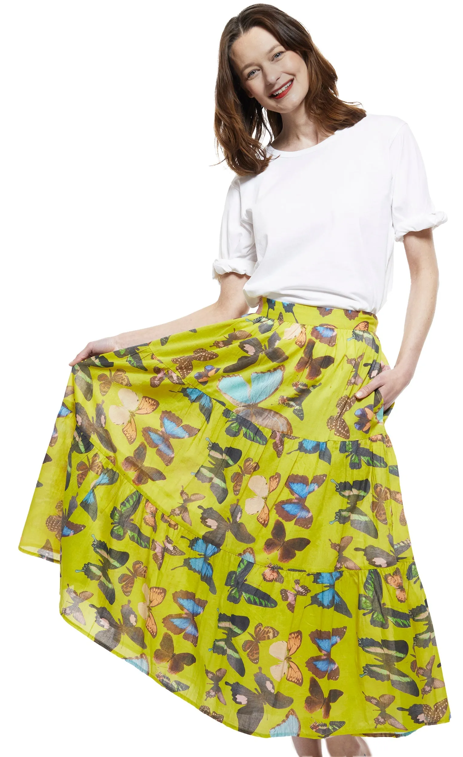 Woodstock Midi Skirt - Chartreuse With Butterflies