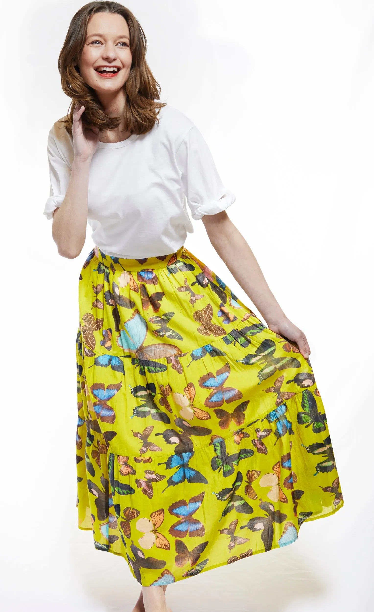 Woodstock Midi Skirt - Chartreuse With Butterflies