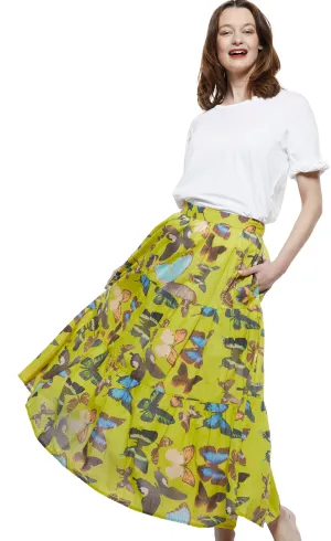 Woodstock Midi Skirt - Chartreuse With Butterflies