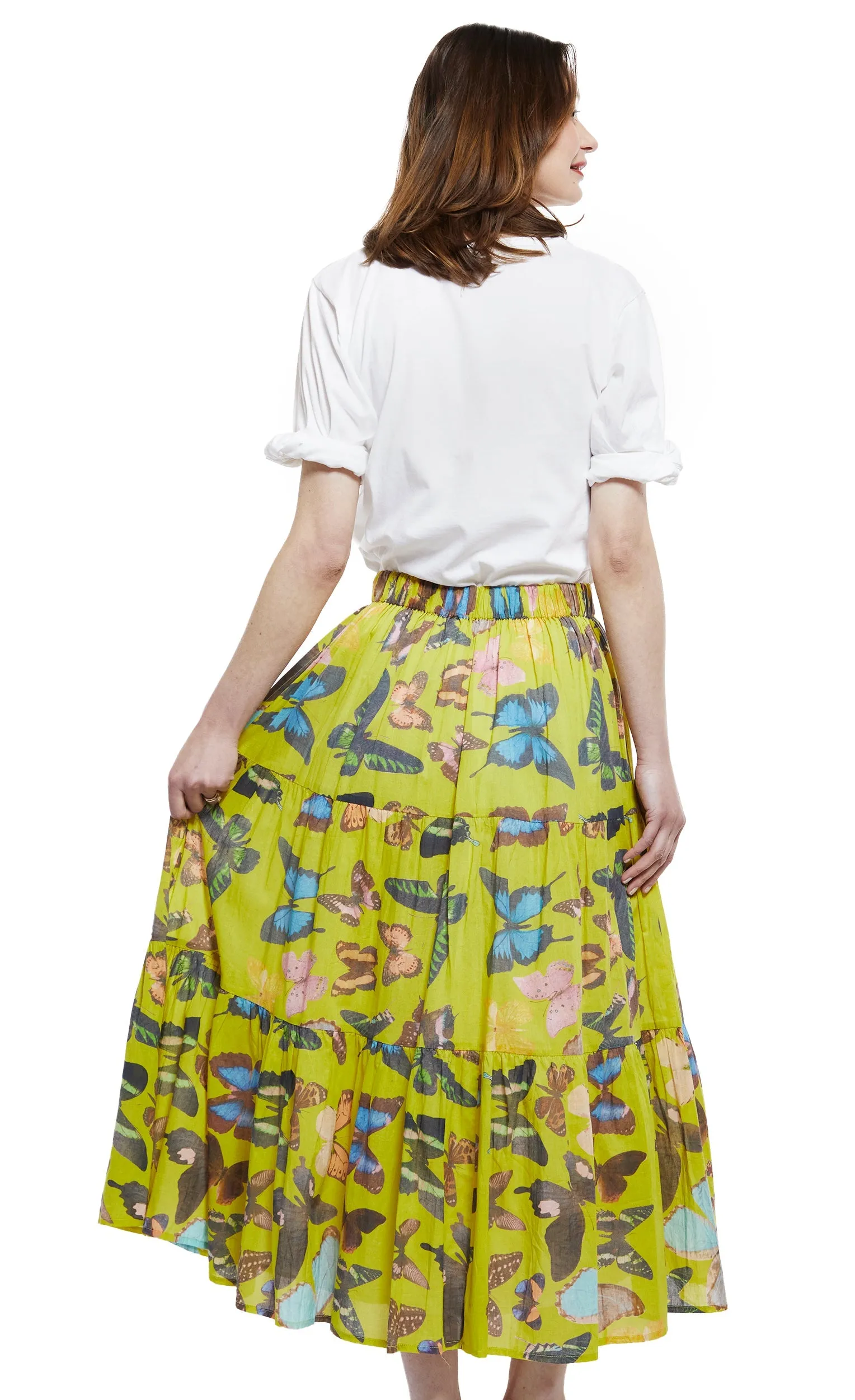 Woodstock Midi Skirt - Chartreuse With Butterflies