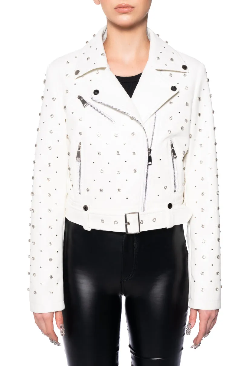 WREN-WHITE CRYSTALLIZED MOTO JACKET