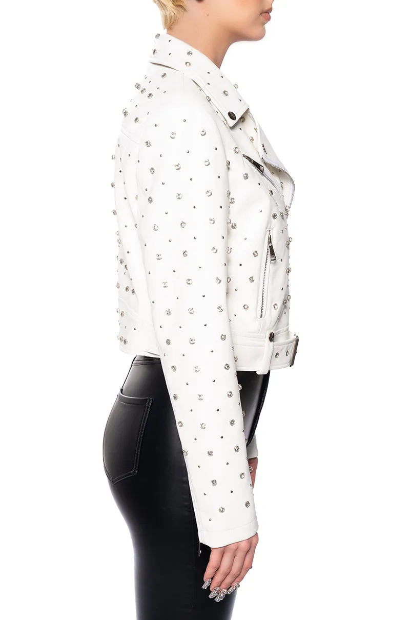 WREN-WHITE CRYSTALLIZED MOTO JACKET