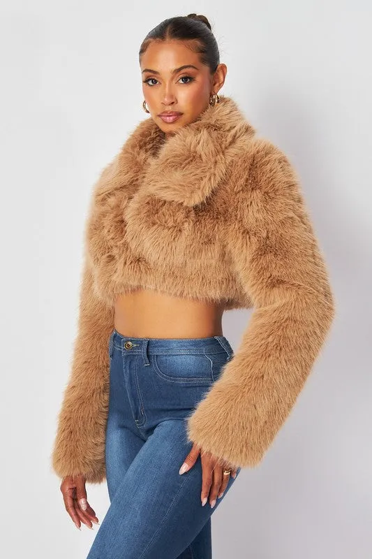 Yara Teddy Faux Fur Crop Jacket -Tan