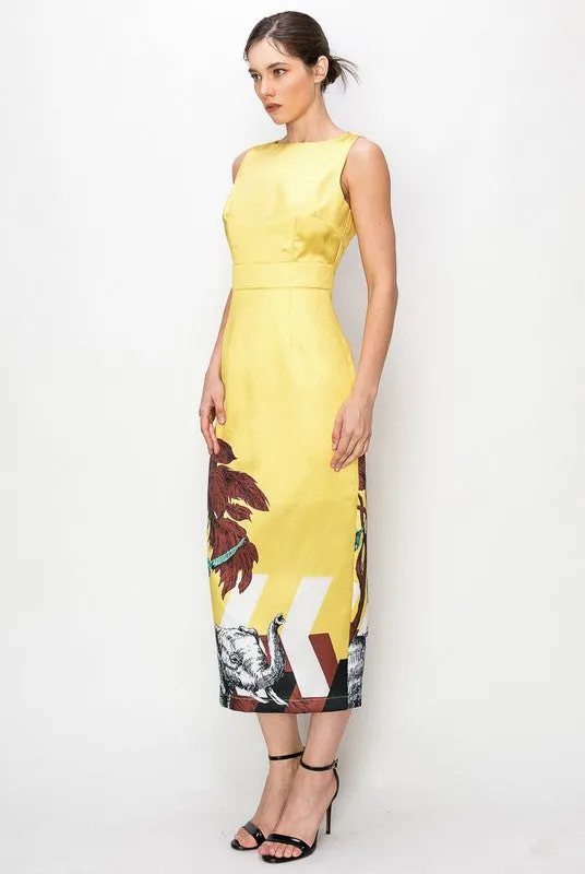 Yellow Wild Print Bodycon Midi Dress