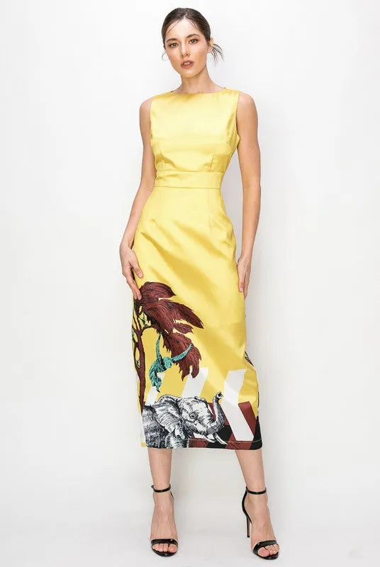 Yellow Wild Print Bodycon Midi Dress