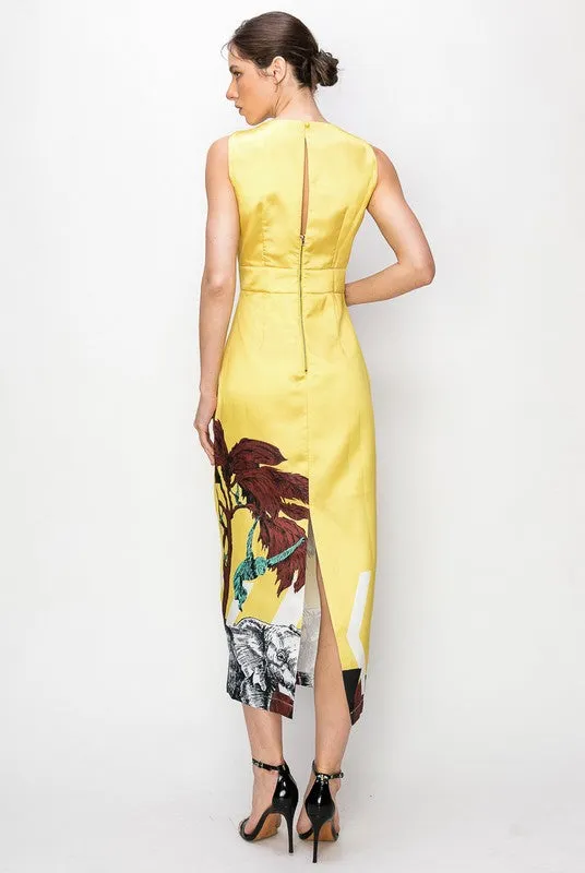 Yellow Wild Print Bodycon Midi Dress